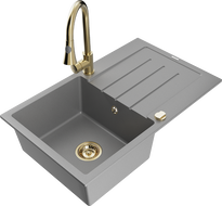 Mexen Bruno granite 1-bowl sink with drainer and Elia kitchen faucet, gray - 6513-71-670101-50