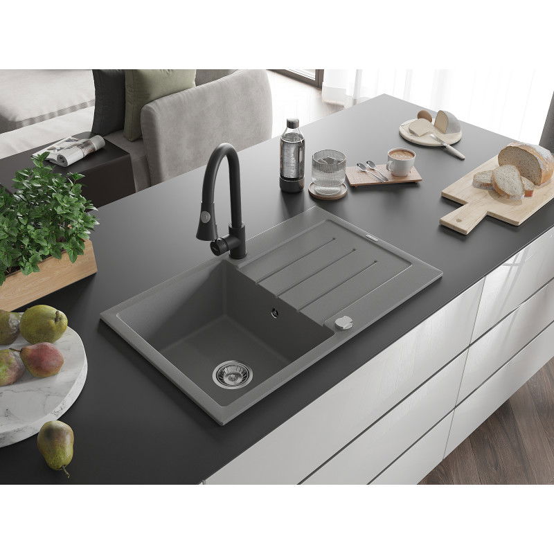 Mexen Bruno granite sink 1-bowl with drainer and Elia kitchen tap, grey - 6513-71-670101-70
