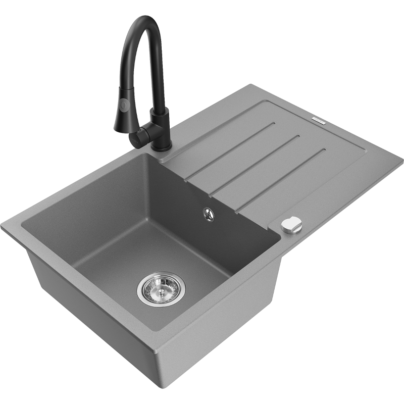 Mexen Bruno 1-compartment granite sink with a drip tray and kitchen mixer tap Elia, Grey - 6513-71-670101-70