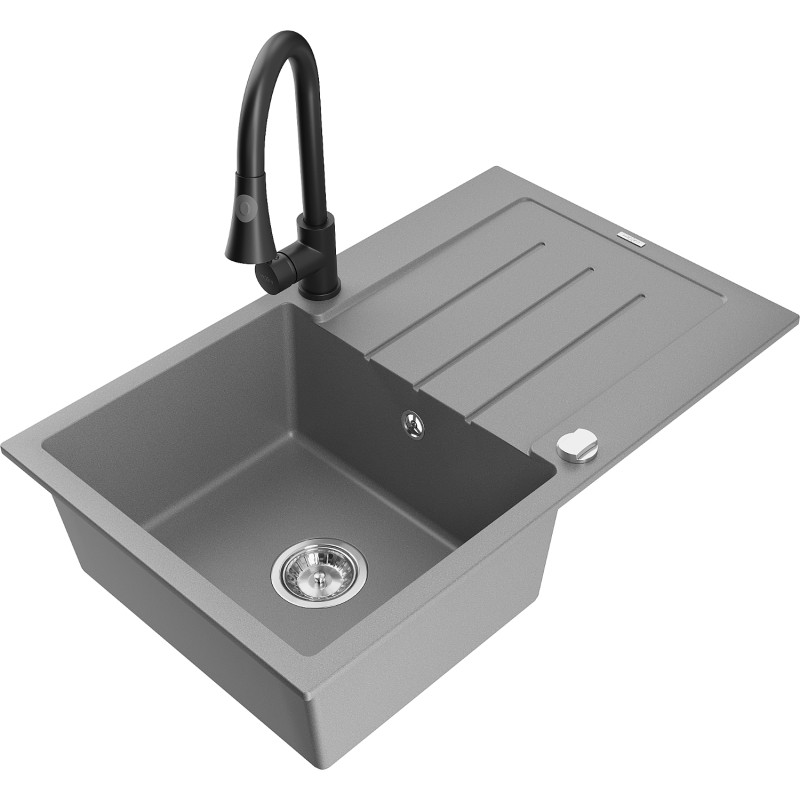 Mexen Bruno granite kitchen sink 1-bowl with drainer and kitchen faucet Elia, gray - 6513-71-670101-70