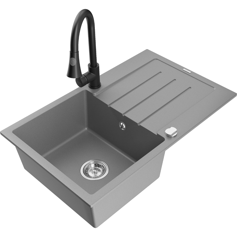 Mexen Bruno granite sink 1-bowl with drainer and Elia kitchen tap, grey - 6513-71-670101-70