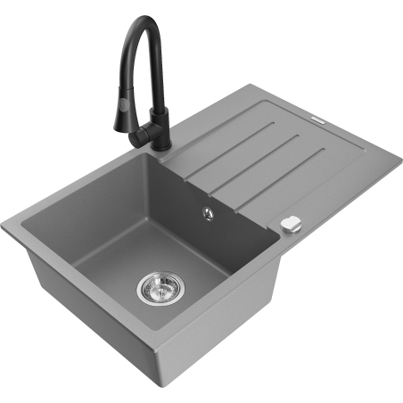 Mexen Bruno granite sink 1-bowl with drainer and Elia kitchen tap, grey - 6513-71-670101-70