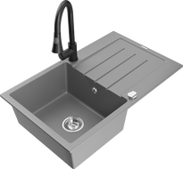 Mexen Bruno 1-bowl granite kitchen sink with drainer and Elia kitchen faucet, gray - 6513-71-670101-70