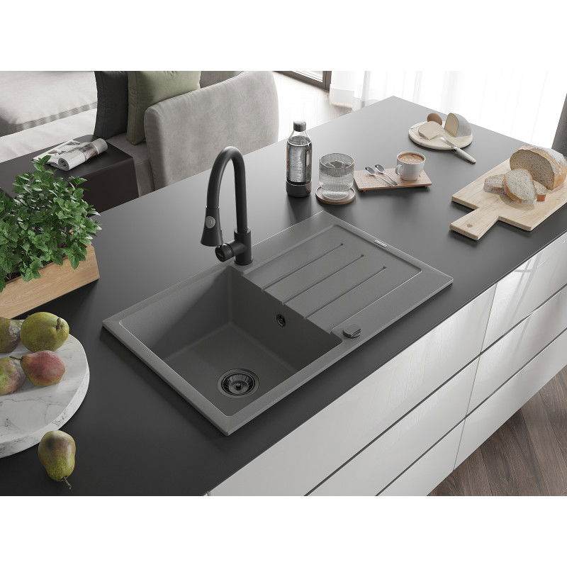 Mexen Bruno granite sink 1-bowl with drainer and Elia kitchen tap, grey - 6513-71-670101-70-B
