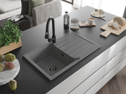 Mexen Bruno 1-compartment granite sink with a drip tray and kitchen mixer tap Elia, Grey - 6513-71-670101-70-B