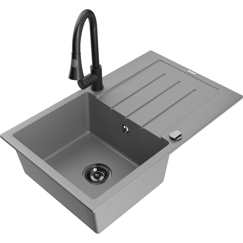 Mexen Bruno 1-bowl granite sink with drainer and Elia kitchen faucet, gray - 6513-71-670101-70-B