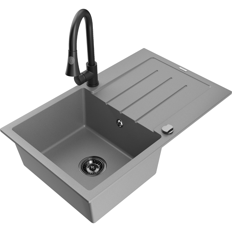 Mexen Bruno 1-compartment granite sink with a drip tray and kitchen mixer tap Elia, Grey - 6513-71-670101-70-B