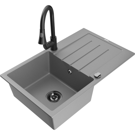Mexen Bruno granite kitchen sink 1-bowl with drainer and kitchen tap Elia, gray - 6513-71-670101-70-B
