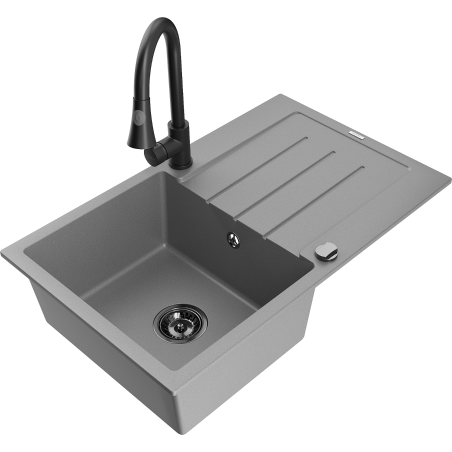 Mexen Bruno granite sink 1-bowl with drainer and Elia kitchen tap, grey - 6513-71-670101-70-B