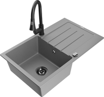 Mexen Bruno granite sink 1-bowl with drainer and Elia kitchen tap, grey - 6513-71-670101-70-B