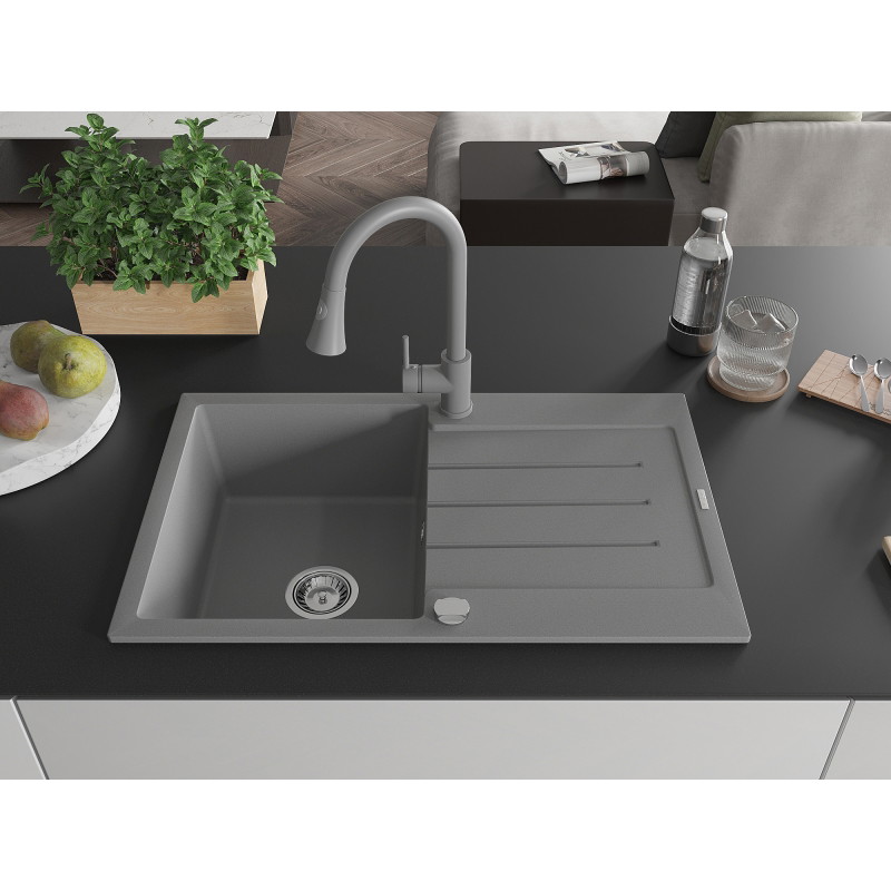 Mexen Bruno 1-Bowl Granite Kitchen Sink with Drainer and Elia Kitchen Faucet, Gray - 6513-71-670101-71