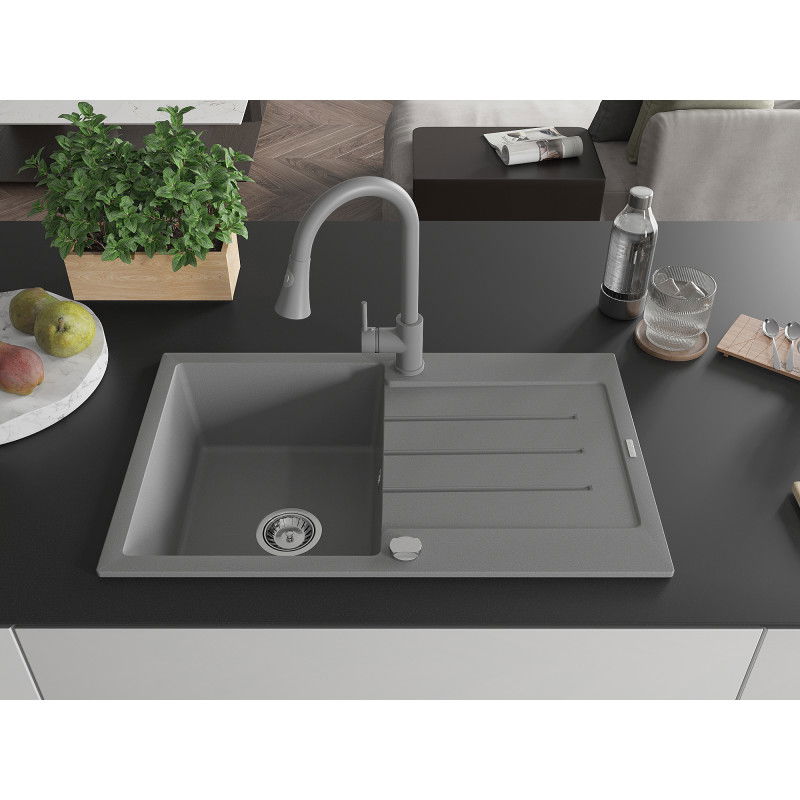 Mexen Bruno granite sink 1-bowl with drainer and Elia kitchen tap, grey - 6513-71-670101-71
