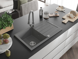 Mexen Bruno granite sink 1-bowl with drainer and Elia kitchen tap, grey - 6513-71-670101-71