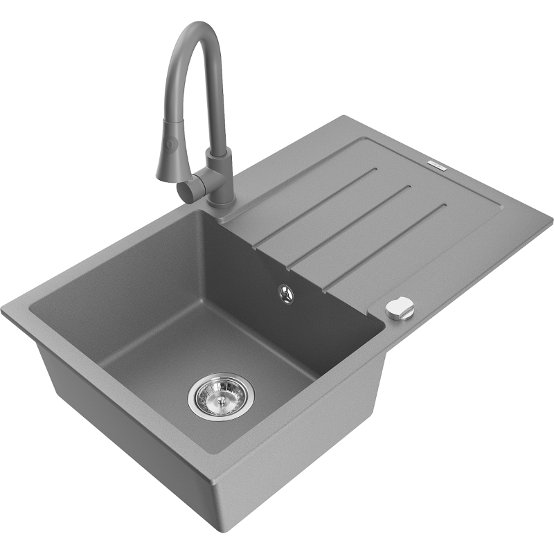 Mexen Bruno 1-compartment granite sink with a drip tray and kitchen mixer tap Elia, Grey - 6513-71-670101-71