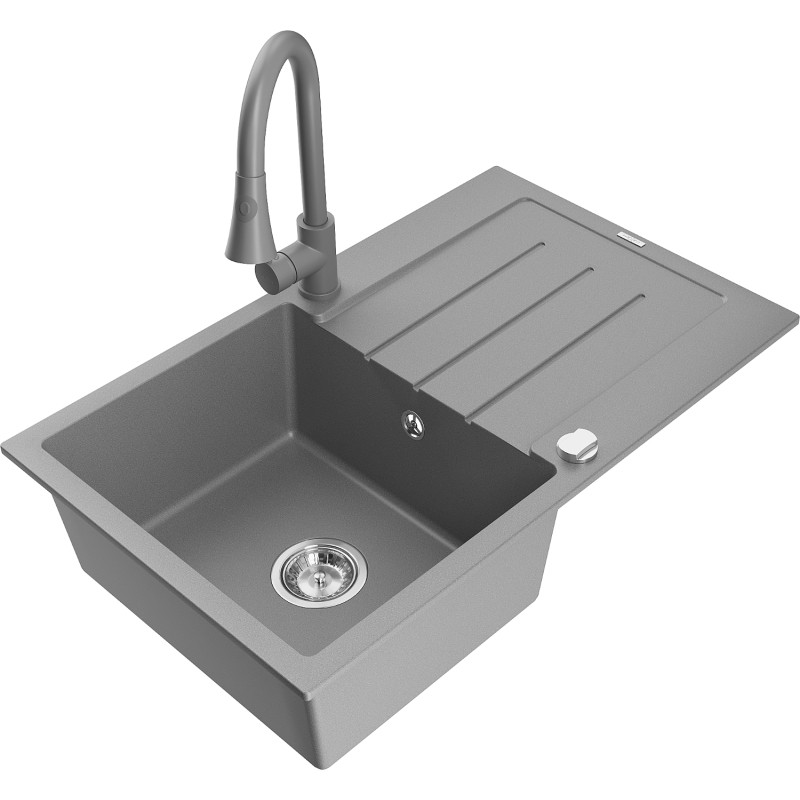 Mexen Bruno granite sink 1-bowl with drainer and Elia kitchen faucet, gray - 6513-71-670101-71