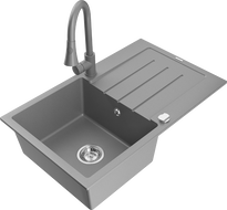 Mexen Bruno granite sink 1-bowl with drainer and Elia kitchen tap, grey - 6513-71-670101-71