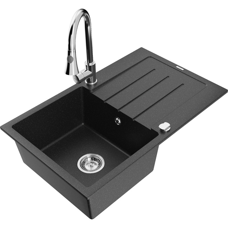 Mexen Bruno 1-bowl granite sink with drainer and Elia kitchen faucet, black/silver metallic - 6513-73-670101-00