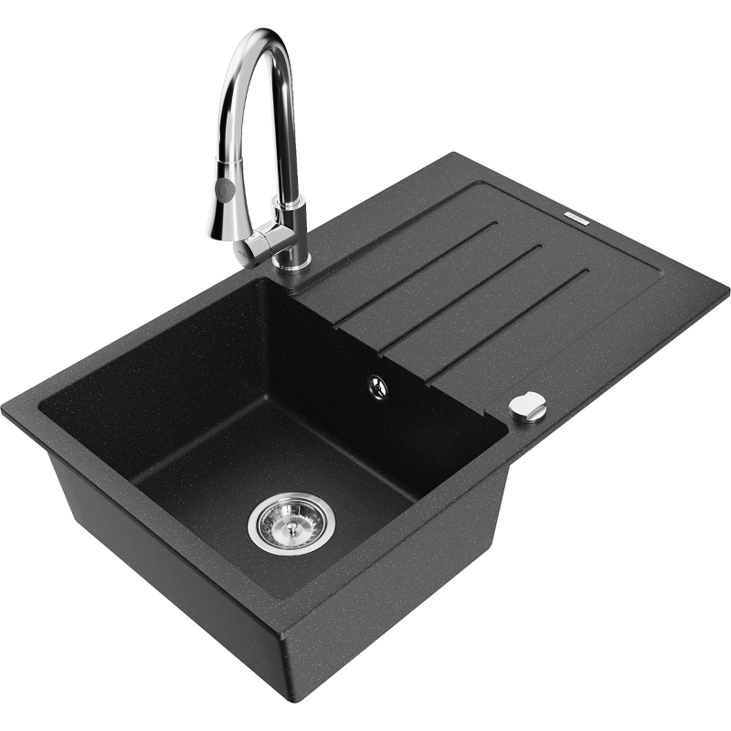 Mexen Bruno Granite Sink 1-Bowl with Drainer and Elia Kitchen Tap, Black/Silver Metallic - 6513-73-670101-00
