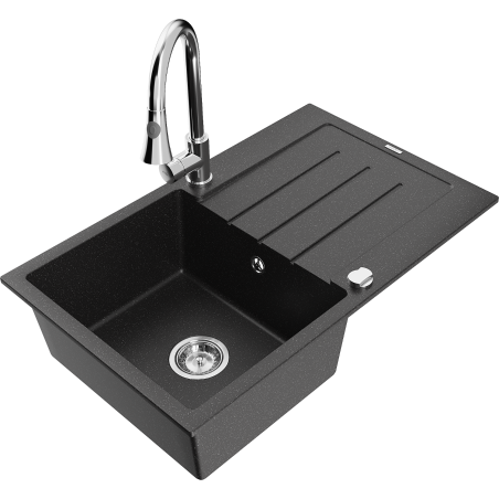 Mexen Bruno 1-compartment granite sink with a drip tray and kitchen mixer tap Elia, Black/Silver metallic - 6513-73-670101-00