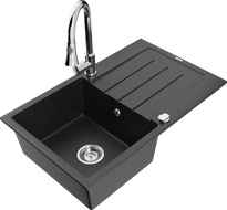 Mexen Bruno 1-bowl granite sink with drainer and Elia kitchen faucet, black/silver metallic - 6513-73-670101-00