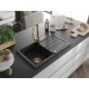 Mexen Bruno granite sink 1-bowl with drainer and kitchen faucet Elia, black/silver metallic - 6513-73-670101-50