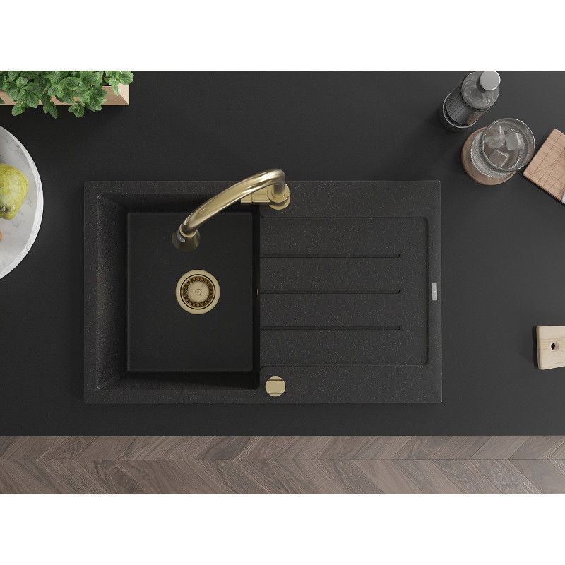 Mexen Bruno 1-bowl granite sink with drainer and Elia kitchen tap, black/silver metallic - 6513-73-670101-50