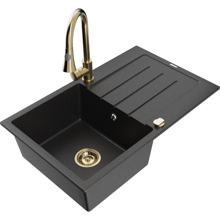 Mexen Bruno granite sink 1-bowl with drainer and kitchen faucet Elia, black/silver metallic - 6513-73-670101-50