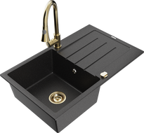 Mexen Bruno granite sink 1-bowl with drainer and kitchen faucet Elia, black/silver metallic - 6513-73-670101-50