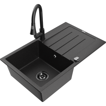 Mexen Bruno 1-bowl granite sink with drainer and Elia kitchen tap, black/silver metallic - 6513-73-670101-70-B