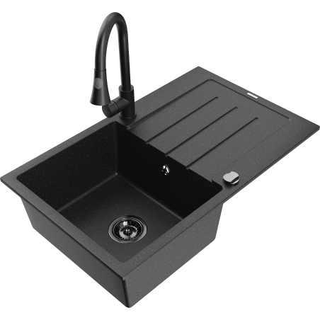 Mexen Bruno single-bowl granite sink with drainer and kitchen faucet Elia, black/silver metallic - 6513-73-670101-70-B