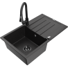 Mexen Bruno 1-bowl granite sink with drainer and Elia kitchen tap, black/silver metallic - 6513-73-670101-70-B