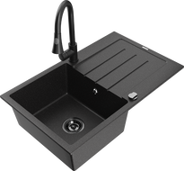 Mexen Bruno granite kitchen sink 1-bowl with drainer and Elia kitchen tap, black/silver metallic - 6513-73-670101-70-B