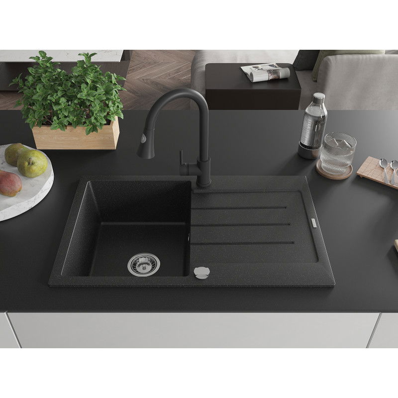 Mexen Bruno granite sink 1-bowl with drainer and Elia kitchen tap, black/silver metallic - 6513-73-670101-70