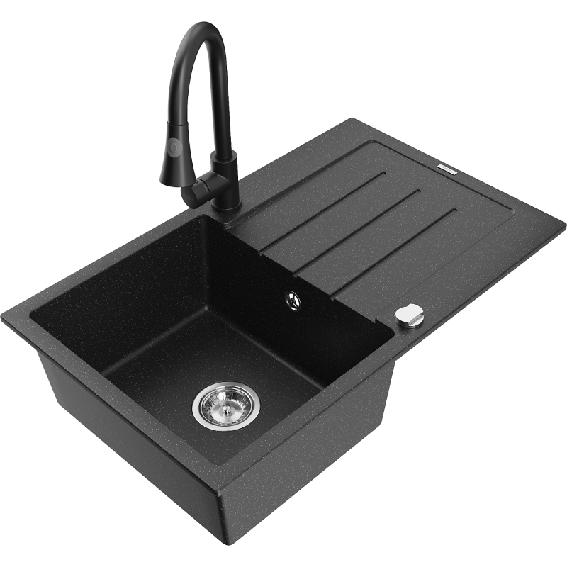 Mexen Bruno 1-compartment granite sink with a drip tray and kitchen mixer tap Elia, Black/Silver metallic - 6513-73-670101-70