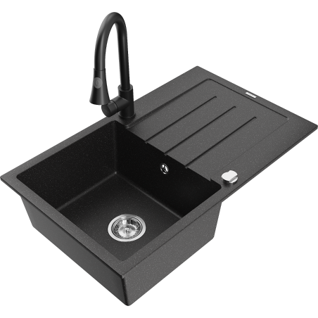 Mexen Bruno granite sink 1-bowl with drainer and Elia kitchen tap, black/silver metallic - 6513-73-670101-70
