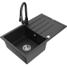 Mexen Bruno granite sink 1-bowl with drainer and Elia kitchen tap, black/silver metallic - 6513-73-670101-70