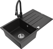 Mexen Bruno granite single-bowl sink with drainer and Elia kitchen faucet, black/silver metallic - 6513-73-670101-70