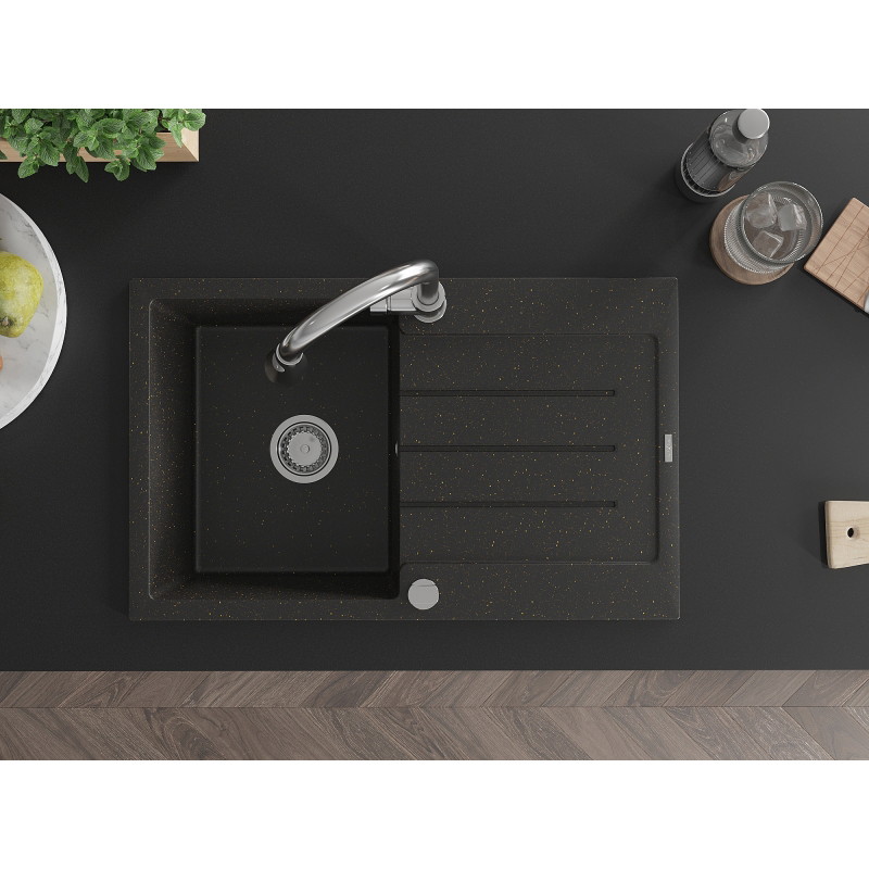 Mexen Bruno 1-bowl granite sink with drainer and Elia kitchen faucet, black/gold metallic - 6513-75-670101-00