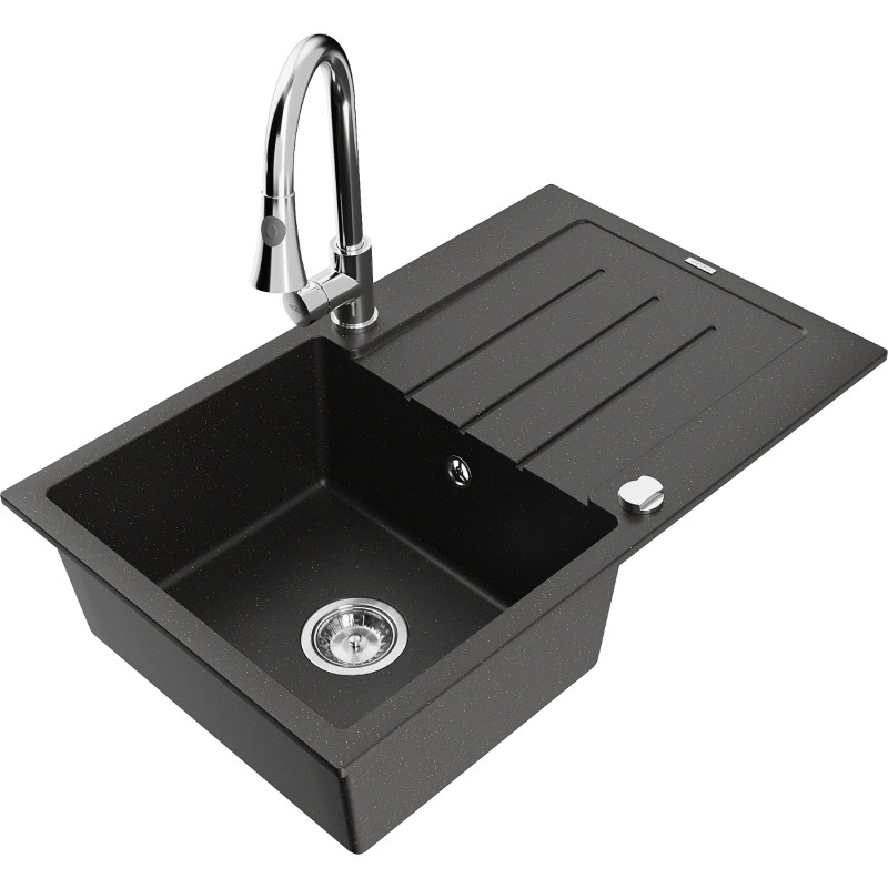 Mexen Bruno 1-bowl granite sink with drainer and Elia kitchen faucet, black/gold metallic - 6513-75-670101-00