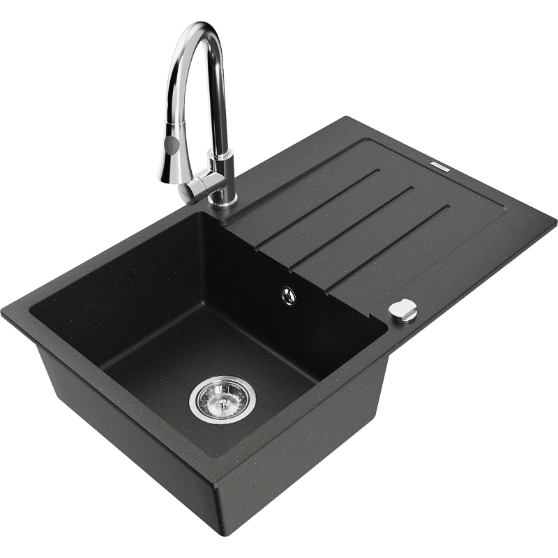 Mexen Bruno granite sink with 1 bowl and drainer and Elia kitchen tap, black/gold metallic - 6513-75-670101-00