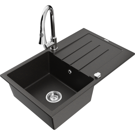Mexen Bruno granite kitchen sink 1-bowl with drainer and Elia kitchen faucet, black/gold metallic - 6513-75-670101-00