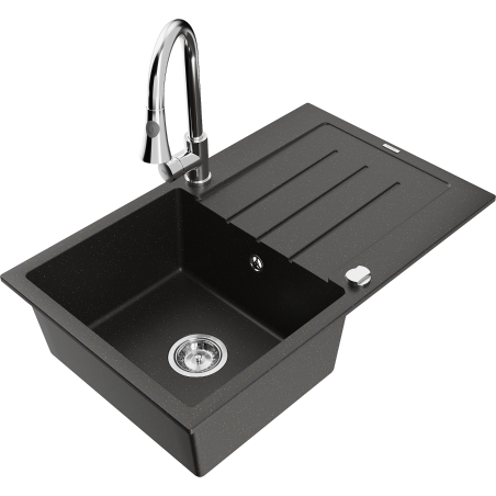 Mexen Bruno granite sink with 1 bowl and drainer and Elia kitchen tap, black/gold metallic - 6513-75-670101-00