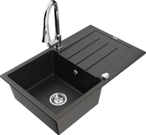 Mexen Bruno granite kitchen sink 1-bowl with drainer and Elia kitchen faucet, black/gold metallic - 6513-75-670101-00
