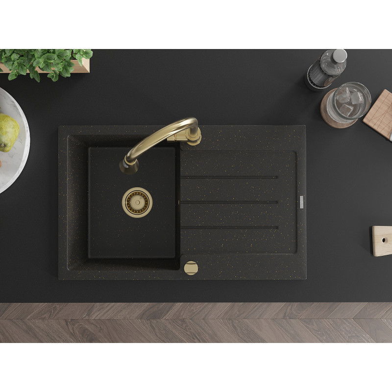 Mexen Bruno granite sink 1-bowl with drainer and Elia kitchen tap, black/gold metallic - 6513-75-670101-50