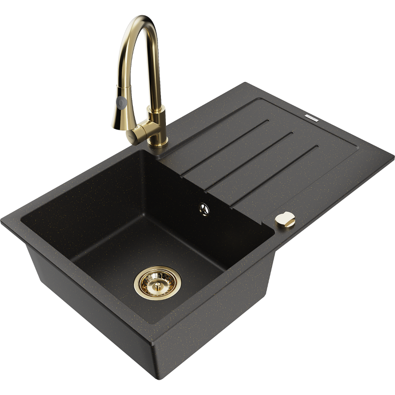 Mexen Bruno 1-compartment granite sink with a drip tray and kitchen mixer tap Elia, Black/Gold metallic - 6513-75-670101-50