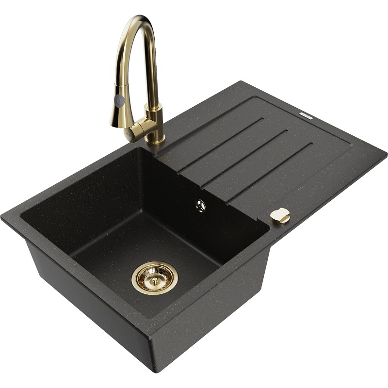 Mexen Bruno granite kitchen sink single-bowl with drainer and kitchen faucet Elia, black/gold metallic - 6513-75-670101-50