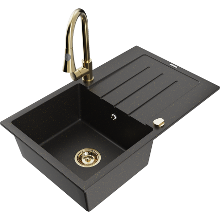 Mexen Bruno granite sink 1-bowl with drainer and Elia kitchen tap, black/gold metallic - 6513-75-670101-50