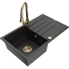 Mexen Bruno granite sink 1-bowl with drainer and Elia kitchen tap, black/gold metallic - 6513-75-670101-50