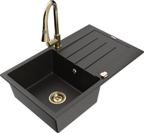 Mexen Bruno granite kitchen sink 1-bowl with drainer and Elia kitchen faucet, black/gold metallic - 6513-75-670101-50