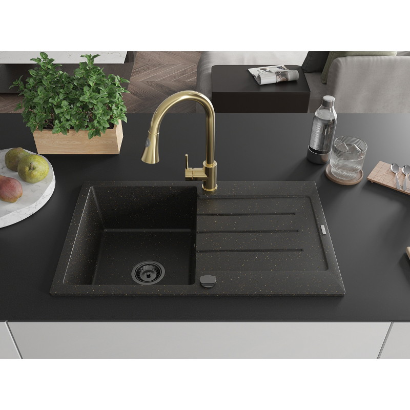 Mexen Bruno 1-bowl granite sink with drainer and Elia kitchen faucet, black/gold metallic - 6513-75-670101-50-B